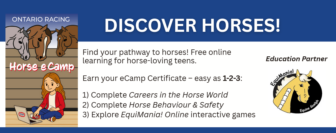 Find your pathway to horses! Free online learning for horse-loving teens. Earn your eCamp Certificate – easy as 1-2-3: 1) Complete Careers in the Horse World 2) Complete Horse Behaviour & Safety 3) Explore EquiMania! Online interactive games