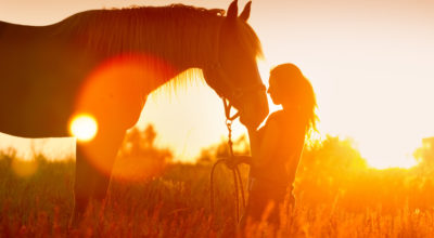 A lady and her horse in the sunset