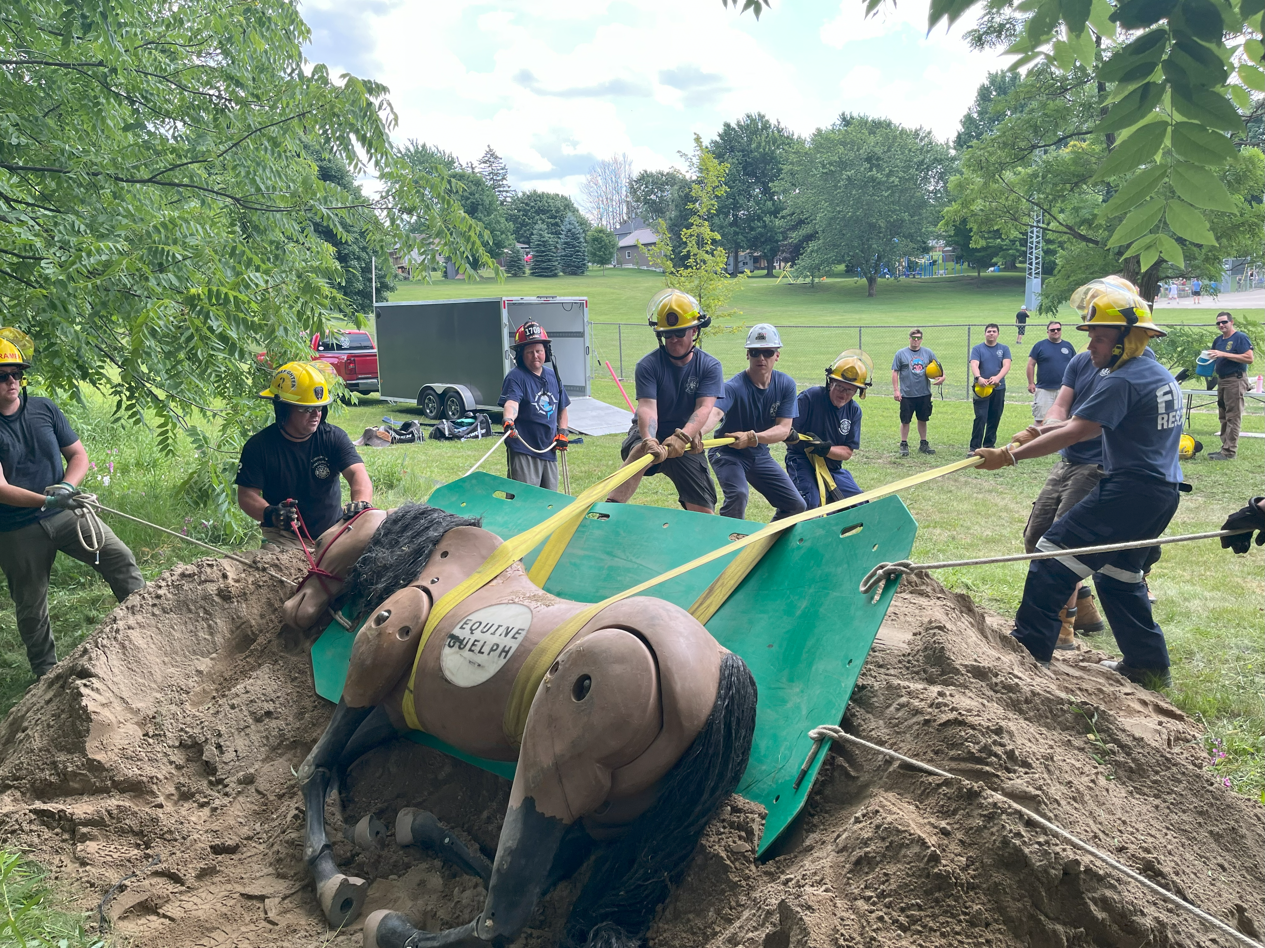 Large Animal Rescue Training in action with a horse mannequin and first responders.